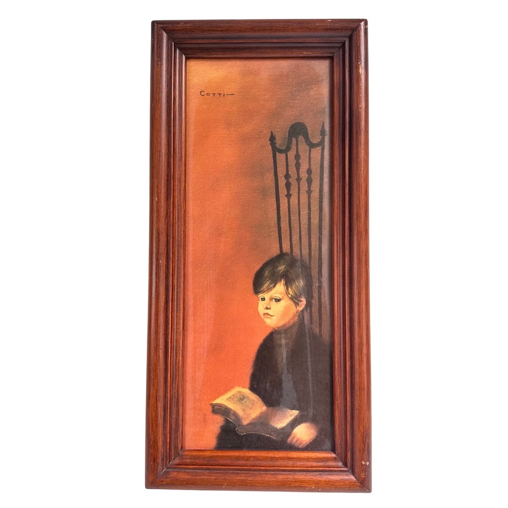 MaLeck Cotti Boy Reading Book Framed Art Print Vintage Brown Mid Century Cottage